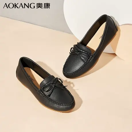 奥康女鞋秋季新款真皮休闲软底豆豆护士鞋防滑舒适蝴蝶结妈妈鞋商品大图