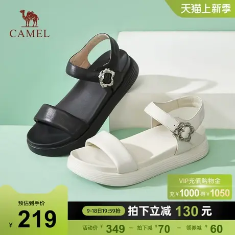 骆驼女鞋2023夏季新款休闲软底一字带凉鞋女露趾真皮厚底凉鞋女图片