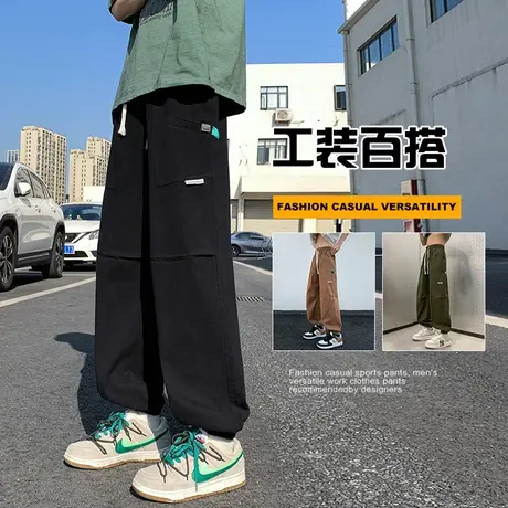 工装裤子男款秋冬季纯棉潮牌美式束脚裤黑色休闲长裤运动大码宽松商品大图