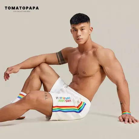 TOMATOPAPA原创运动短裤男彩虹字母编织撞色透气休闲四分潮男短裤商品大图