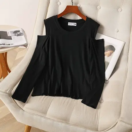 伊自尚2023年新款大码女装韩版胖mm秋季气质显瘦长袖露肩T恤上衣商品大图