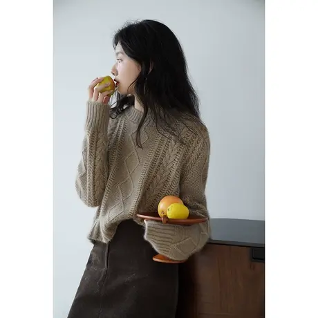 嘉茱莉2023秋季新款浣熊绒毛衣外套女小个子短款宽松套头上衣圆领图片