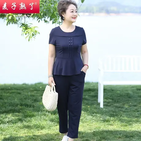 妈妈夏装洋气两件套装阔太太减龄上衣服短袖T恤小衫中老年人女装商品大图