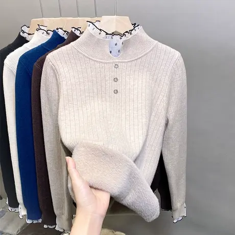 一体绒半高领毛衣女加绒内搭打底衫2023秋冬新款蕾丝针织衫厚上衣商品大图