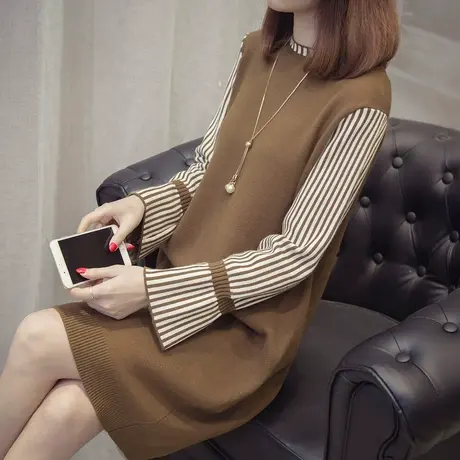 秋冬新款毛衣裙韩版宽松外穿毛衣女潮秋季套头打底衫中长款针织衫图片