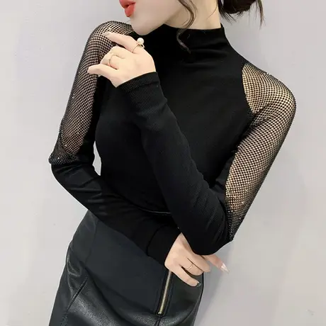 性感镂空打底衫女春装设计感小众洋气露肩上衣半高领网红T恤长袖图片