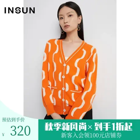 恩裳2023年早春新品时尚亮橘色针织开衫钉珠女装v领毛衣商品大图