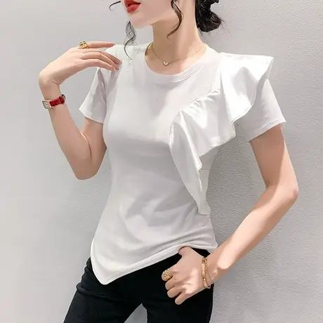 网红个性T恤女短袖时尚荷叶边小衫百搭修身上衣不规则收腰体恤夏商品大图