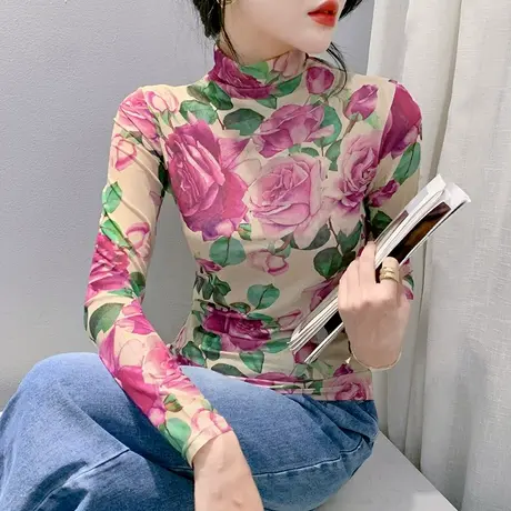 半高领打底衫女内搭秋冬2023新款时尚印花上衣长袖修身网纱T恤ins商品大图