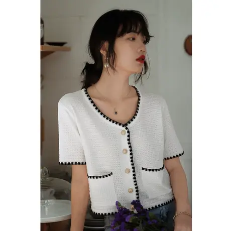 弥古白色冰丝针织衫高级感短袖上衣小香风法式v领t恤女夏薄款开衫图片