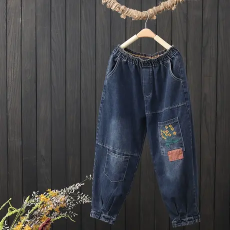 春季2023年女士牛仔裤文艺复古贴布刺绣休闲哈伦裤宽松显瘦九分裤商品大图