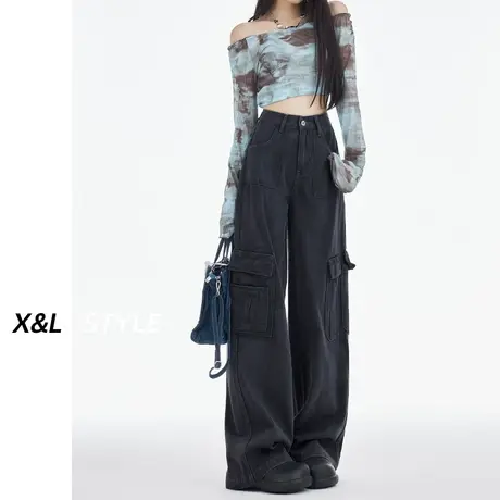 水泥灰工装休闲裤女秋装2023新款设计感宽松显瘦女团牛仔阔腿裤子商品大图