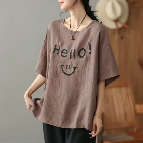 dza复古亚麻短袖T恤女2023夏季薄款字母体恤宽松显瘦棉麻打底上衣商品大图