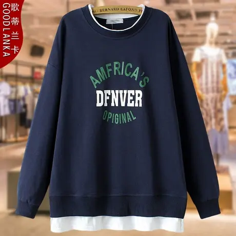 加肥加大码中年妈妈春秋中长款外套时尚休闲假两件圆领宽松卫衣女商品大图