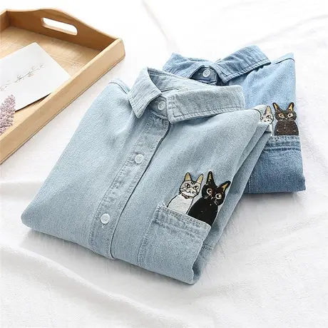 牛仔衬衣女翻领长袖衬衫春季新款韩版小清新猫咪刺绣上衣文艺外套图片