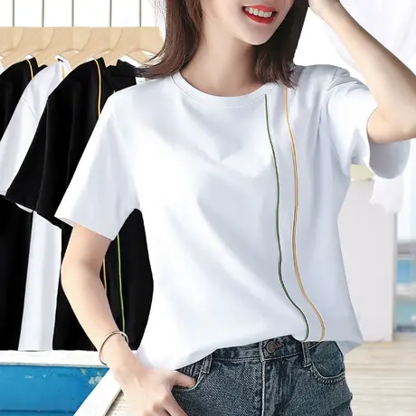 彩虹线条纯棉短袖t恤女夏季减龄小众设计感女装宽松百搭圆领上衣图片