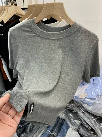 2022春季新款韩版显瘦圆领套头印花字母腰部镂空抽绳褶皱短袖T恤商品大图