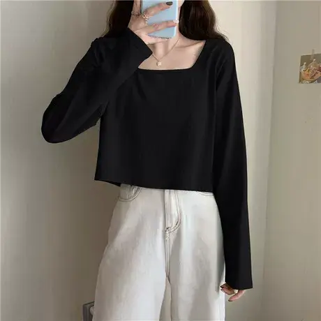 黑色打底衫女内搭2023年春秋季新款大u低领口长袖t恤宽松上衣薄款图片