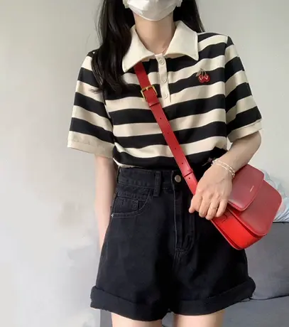 美式复古条纹短袖polo衫女夏季宽松小众设计感正肩t恤别致上衣ins图片