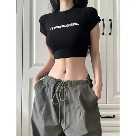 短款上衣女夏季2023新款美式复古甜辣妹纯欲修身显瘦短袖t恤bm风商品大图