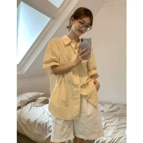 日系条纹短袖衬衫女夏季2023新款宽松衬衣设计感小众法式别致上衣图片
