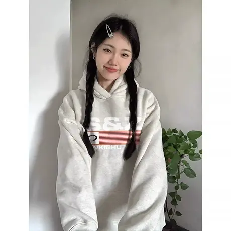 灰色高级感卫衣女春秋薄款宽松连帽小众设计感港味chic外套上衣潮商品大图