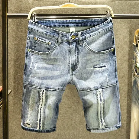 破洞针缝牛仔短裤男款磨毛设计宽松直筒五分裤潮牌拼接夏季裤子薄图片