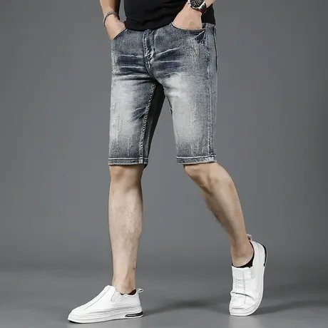 美式复古色牛仔短裤男水洗怀旧夏季薄款修身弹力男士中裤五分裤潮商品大图
