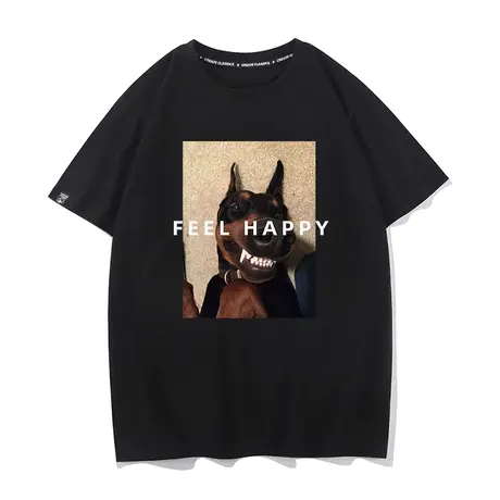 秀洛感到开心潮牌男装搞笑杜宾犬纯棉圆领T恤短袖男打底衫宽松TEE商品大图