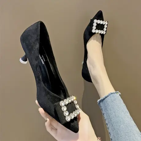 网红单鞋女2023新款夏季时尚尖头水钻扣黑色高跟鞋女细跟职业女鞋图片