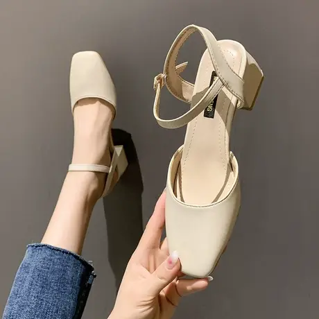 小众包头凉鞋女2023年夏季新款气质中跟晚风温柔单鞋粗跟玛丽珍鞋商品大图