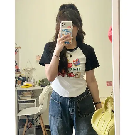 夏季大码短袖t恤女装插肩袖正肩微胖mm女孩显瘦辣妹短款上衣200斤商品大图
