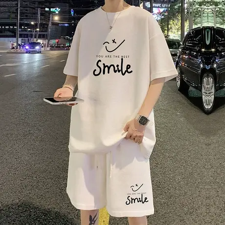 华夫格短袖套装男夏季潮牌2023新款半袖t恤男装一套搭配帅气衣服商品大图