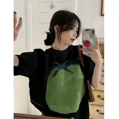 夏季新款胖mm大码黑色短袖针织衫女装小众宽松显瘦毛衣T恤上衣潮商品大图