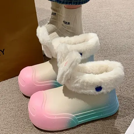 可拆卸防水棉拖鞋女士冬季可爱兔耳朵加厚加绒保暖厚底防滑雪地靴商品大图