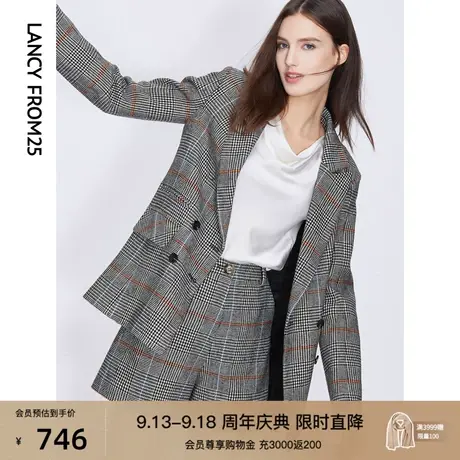 朗姿秋冬新款chic法式英伦风羊毛混纺显瘦格子西装外套女上衣商品大图