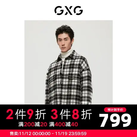 GXG男装 商场同款极简系列黑白格翻领中长大衣 22年冬季新品图片