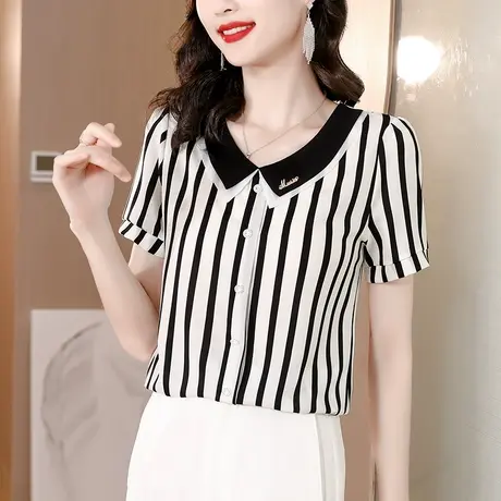 法式别致雪纺衬衫女2023夏季新款短袖漂亮时尚娃娃领条纹衬衣女衫商品大图