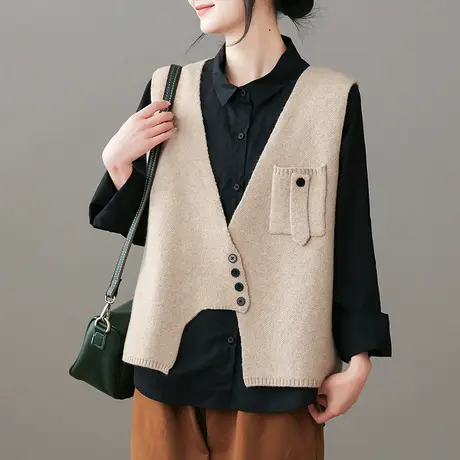 dza 复古V领棉线针织马甲女士春秋不规则外搭马夹休闲开衫短上衣商品大图