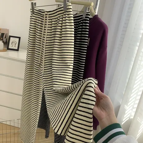 条纹直筒休闲裤女复合毛巾棉高腰显瘦春季爆款垂感垂感拖地长裤潮图片