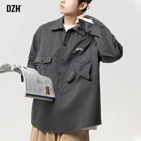 男士深灰色衬衫潮牌男2023新款休闲高街潮牌衬衣工装寸衣外套衣服商品大图