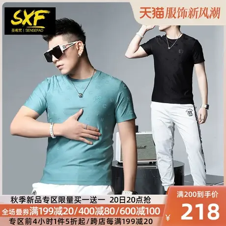 SXF圣希梵短袖男 夏季新款男装提花刺绣修身半袖上衣潮流男士t恤商品大图