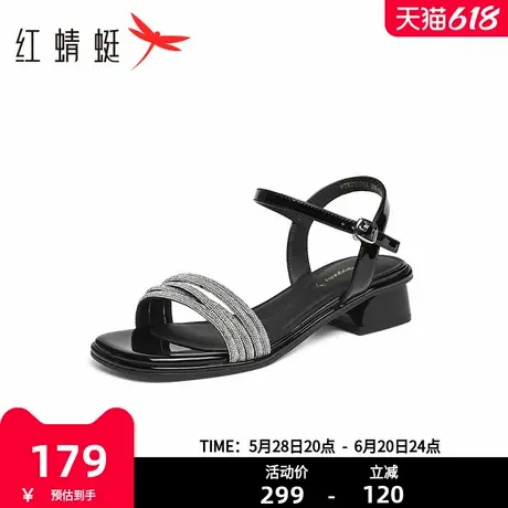 红蜻蜓一字带凉鞋女2025夏季新款时尚钻条气质女鞋百搭粗跟凉鞋女图片