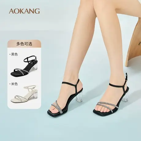 奥康女鞋夏季新款优雅水钻时装凉鞋水晶高跟鞋一字带晚宴结婚婚鞋商品大图
