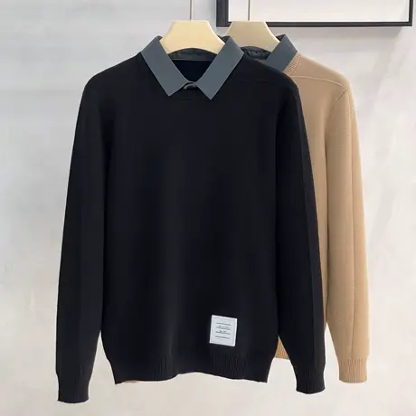 轻商务长袖衬衫领假两件毛衣男秋季修身休闲针织衫上衣保暖毛线衫商品大图