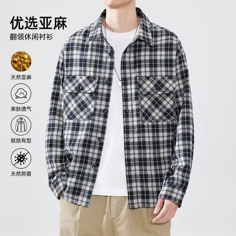 hansca复古格纹长袖衬衫男2025年春季青少年亚麻翻领休闲衬衣外套商品大图