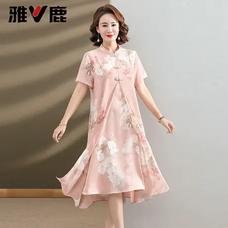 雅鹿妈妈装轻薄连衣裙女2025夏新款印花休闲减龄中老年气质长裙子图片