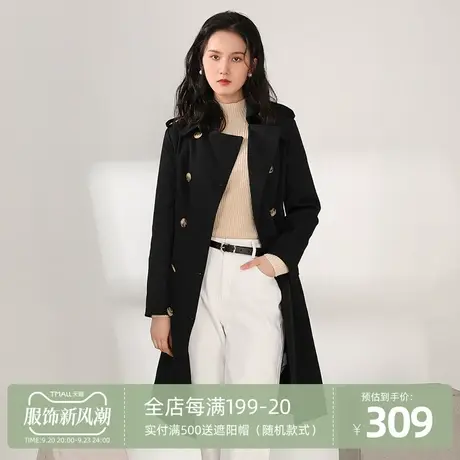 Yifini/易菲韩版气质通勤黑色风衣外套女春秋季新款中长款大衣商品大图