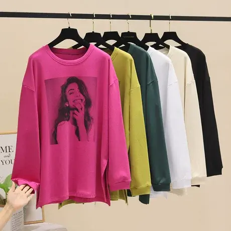 2023欧货新款休闲早秋圆领宽松大版卫衣复古时尚美女印花开叉上衣商品大图