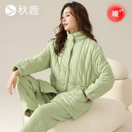 秋鹿三层加厚夹棉睡衣针织纯棉家居服女秋冬天保暖可外穿立领外套商品大图